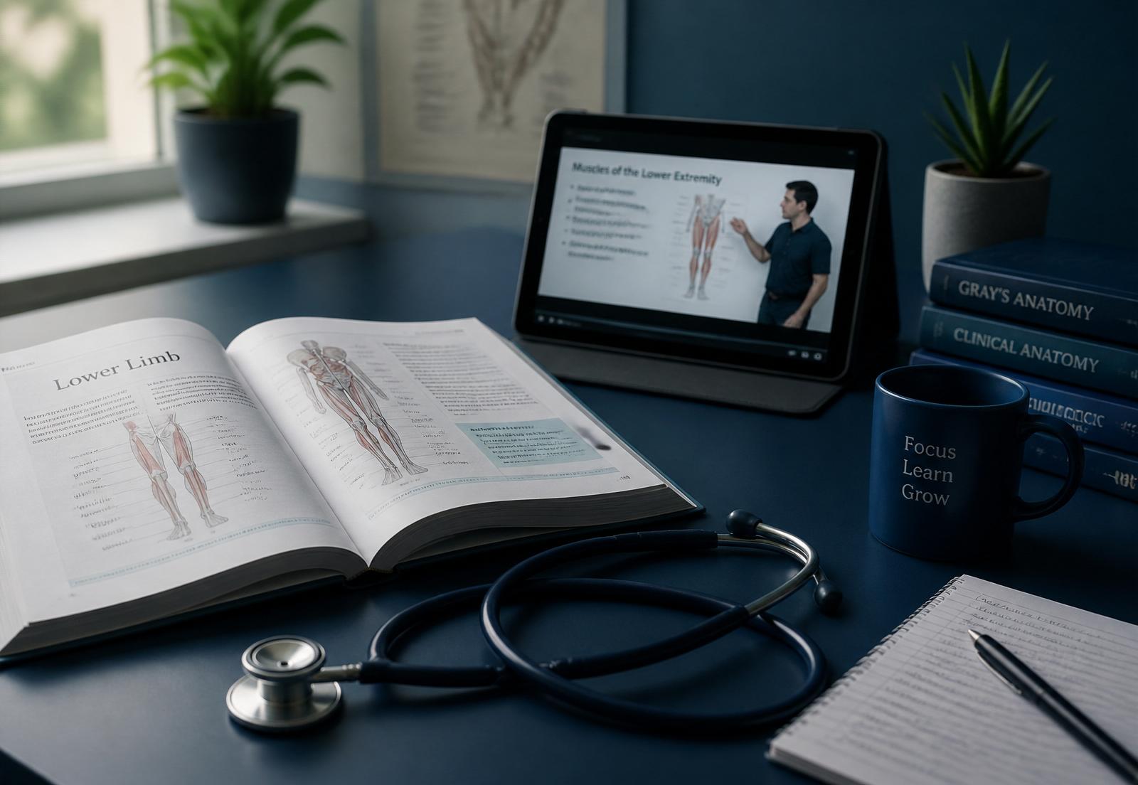 Bureau d'étude médicale avec un manuel d'anatomie, un stéthoscope et un cours vidéo